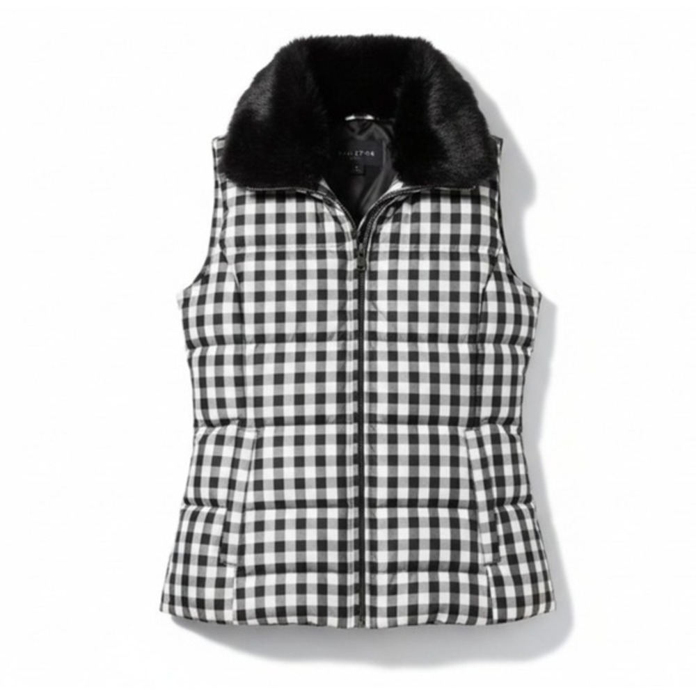 Talbots Puffer Vest Small Black Gingham‎ Buffalo Check Faux Fur Removable Collar